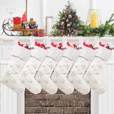 І елегантний персоналізований Різдвяний панчіх з ім'ям, різдвяні панчохи з хутра сніжинки з блискітками, Різдвяний декоративний подарунковий пакет, Різдвяний камін, підвісний панчіх Миколи білого кольору, (білий, 6 шт.)