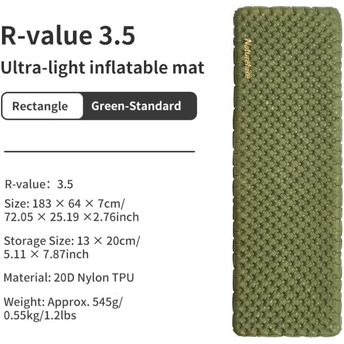 Самонадувний спальний килимок Naturehike 5.8R/3.5R - Value Camping Sleeping Pad, Надувний килимок для кемпінгу, Портативний килимок для сну, Одномісний надувний матрац для сну для трекінгу, Піших прогулянок, Альпінізму, Туристичного туризму, Outdoor (прям