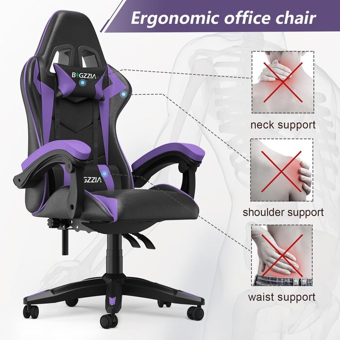 Ігровий крісло Bigzzia Ergonomічне, для підлітків та дорослих, з підголовником та підлокітниками (фіолетовий)