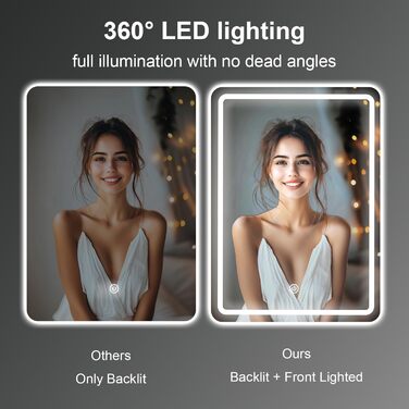 Дзеркало для ванної кімнати MYGIIVOVO з підсвічуванням LED, сенсорне керування, 3 кольори, 60x45 см