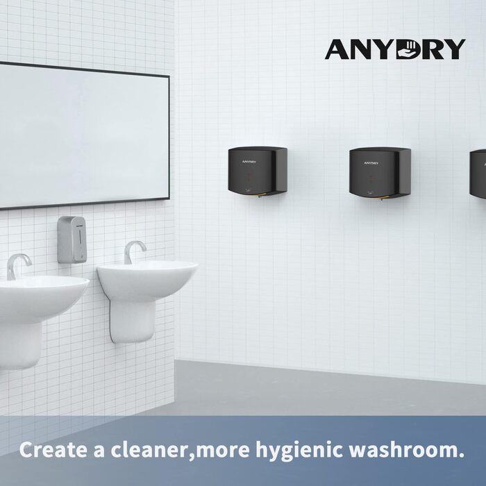 Anydry 2630S - Компактний електричний сушар для рук, автоматичний, настінний, для дому та бізнесу, чорний