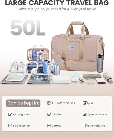 Спортивна сумка LOVEVOOK: дорожня, для вихідних, з культиватором, відділенням для взуття та мокрих речей, водонепроникна, пляжна, сауна, ручна поклажа для спорту та відпочинку, зелена (L, пісочний)