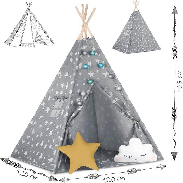 НЮКІДО Палатка для іграшок Tipi з бавовни та дерев'яним каркасом, сіра з зірками, 120x120x165 см