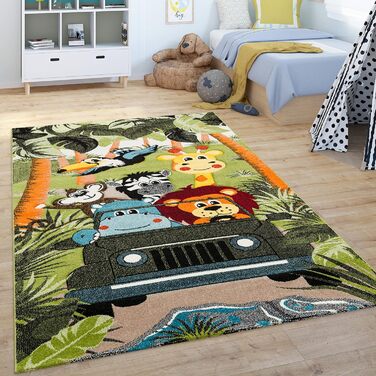 Дитяча дитяча кімната Дитячий килимок для хлопчика Дівчинка Ігровий килимок Тваринний мотив Джунглі Пальми Візерунок Зелений Сірий Жовтий, Розмір 80x150 см (120 x 170 см)