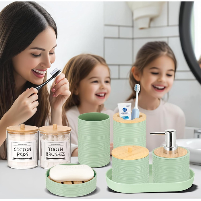 Набір аксесуарів для ванної кімнати IMAVO, 9 предметів: сміттєвий бак, дозатор мила, мильниця, тримач для зубних щіток, стакан для зубних щіток, тримач для унітазного йоржика, дозатор ватних паличок (зелений, 26 предметів + душова завіса + килимки)