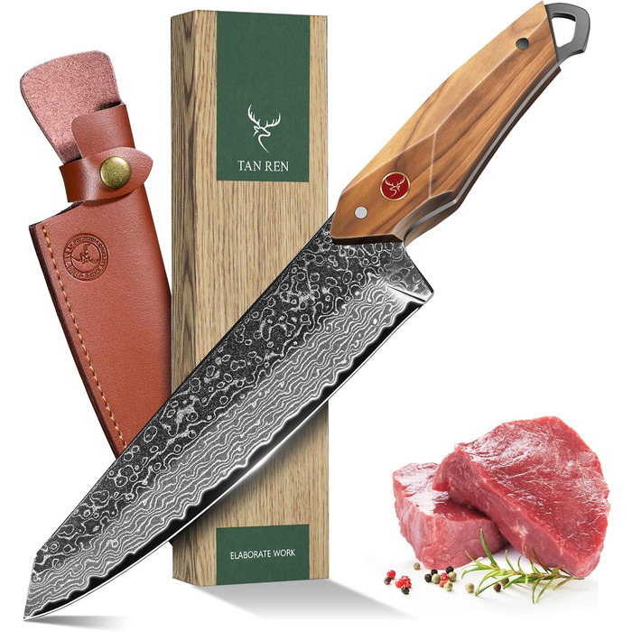 Ніж кухарський Damast від TAN REN, професійний ніж з дамаської сталі, з подарунковою коробкою, ручної роботи, для м'яса, надзвичайно гострий