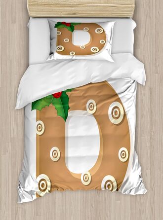 Набір підковдр з різдвяним алфавітом для односпальних ліжок, смішне печиво D, захист від кліщів Allergy Friendly з наволочкою, (130 x 200 см - 70 x 50 см, імбирно-зелений і білий)