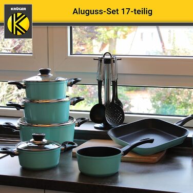 Набір з литого алюмінію Krger 17 предметів - Герметичний набір каструль і сковорідок з антипригарним покриттям з кухонним гаджетом - висока термостійкість і тривале зберігання тепла (м'ята)