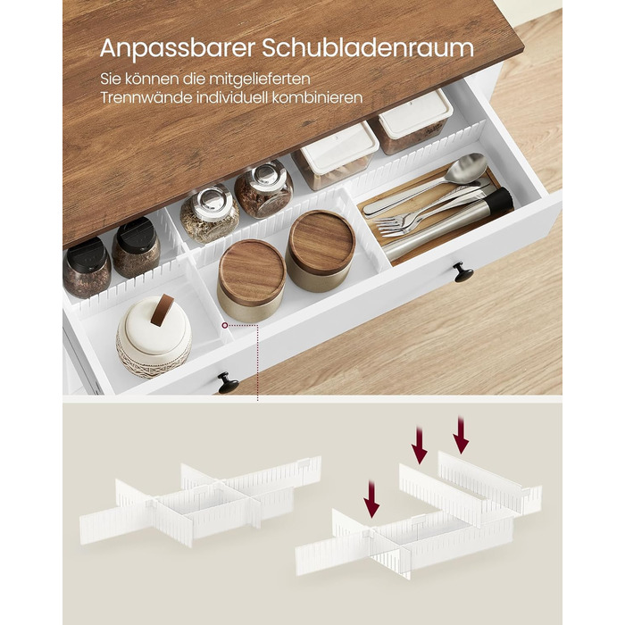 Шафа VASAGLE для кухні, комод, шафа для зберігання з ящиками та дверцятами, регульована полиця, стиль кантрі, для вітальні, кухні, їдальні, 40 x 140 x 80 см, вінтажний білий + медовий колір, BBK381W02