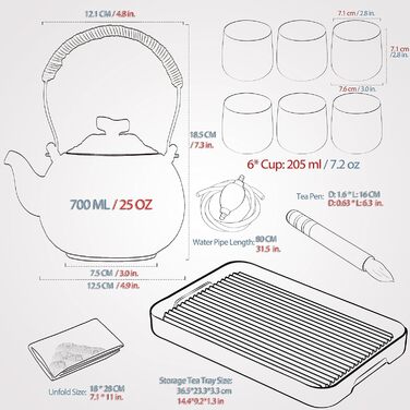 Набір для чаювання TEANAGOO: чайник 700мл + 4 чашки 205мл, дорожній, порцеляна, сірий, з підносом