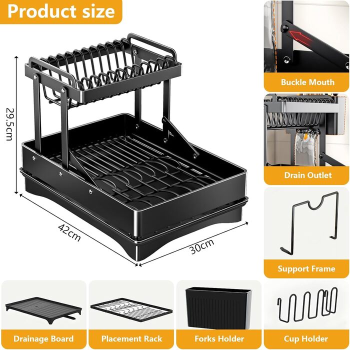 Ярусна сушарка для посуду з нержавіючої сталі з піддоном для паличок і підставкою для обробної дошки, 2-