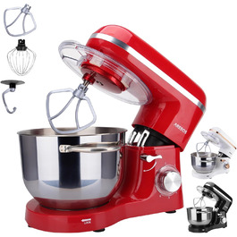 Кухонна машина Arebos 1500W з чашею 6L з нержавіючої сталі | Змішувач, гак для тіста, вінчик | Кришка від бризок | 6 швидкостей | Кухонний комбайн | Машина для тіста (червона)