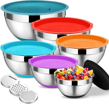 Набір мисок Onader з нержавіючої сталі: салатники з кришкою та 3 терками для кухні. Об'єм: 4л, 2.8л, 2.5л, 1л, 1.2л, 0.7л. Складається з 6 мисок, можна складати та мити в посудомийній машині.