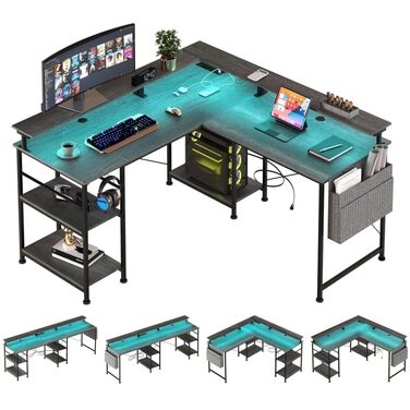 Кутовий ігровий стіл L-подібний з LED-підсвічуванням та розетками, 140x140 см, сірий, з полицями та кишеньками для дому та офісу