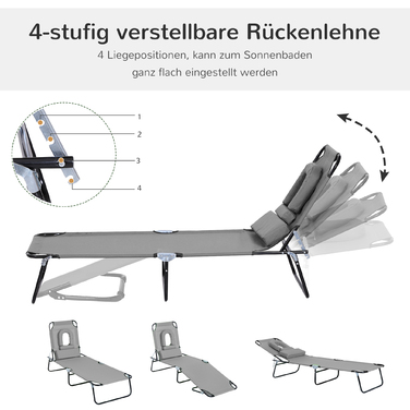 Лежак для відпочинку на сонце з отвором для обличчя та подушкою, складаний, з водовідштовхувальним покриттям, металевий каркас, темно-сірий