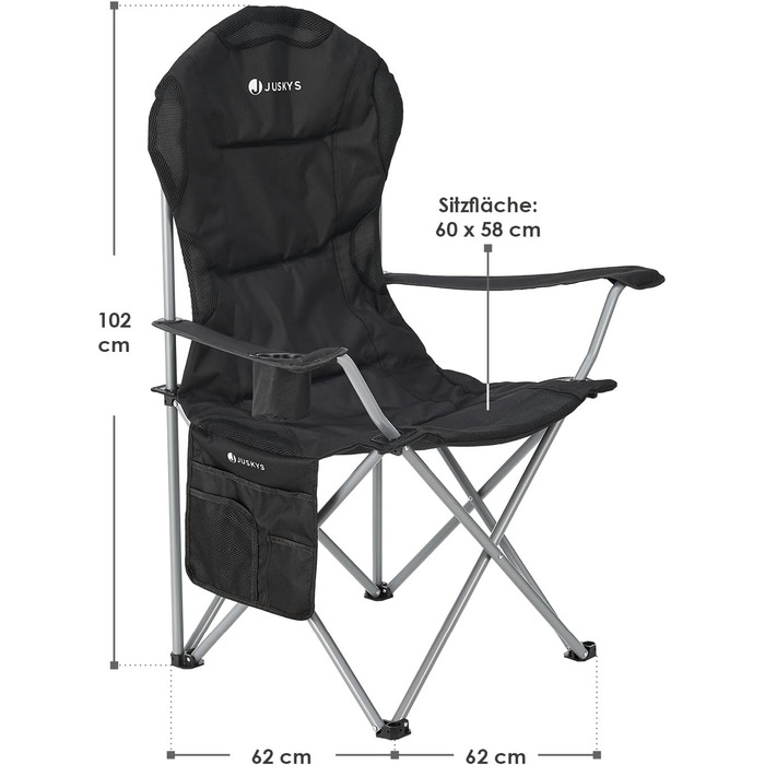 Кемпінгове крісло Juskys Lido Складне з підстаканником, бічною кишенею та сумкою для перенесення - Кемпінгове розкладне крісло з оббивкою з підлокітником і спинкою - (чорний)