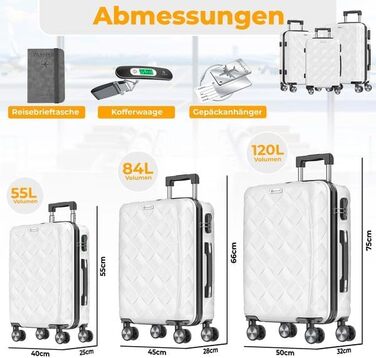 Набір валіз KESSER® 3 шт. | ABS валізи з кодовим замком, ваги для валіз та органайзер для документів | Ручна поклажа та великі валізи для подорожей та бізнесу (Snow White)
