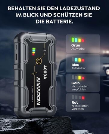 Powerbank Starthilfe AIMAPOW для автомобіля з компресором 160PSI, 27000mAh, 4000A, для бензинових та дизельних двигунів (до 12.0L), LED-ліхтар 600 LUM