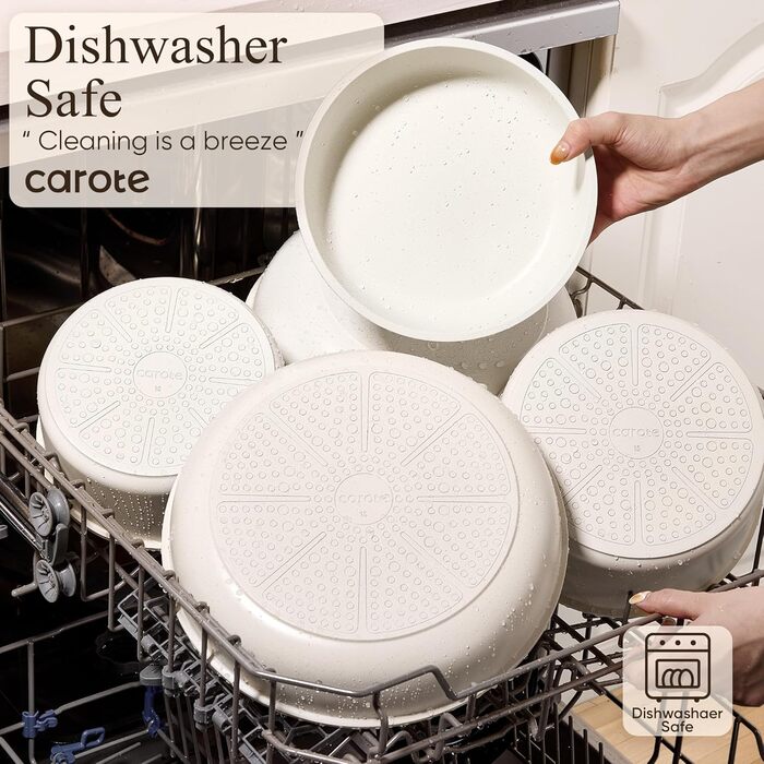 Набір посуду CAROTE 19 предметів: каструлі та сковорідки з антипригарним покриттям, знімні ручки, для індукційних плит, духовка, білий/кремовий
