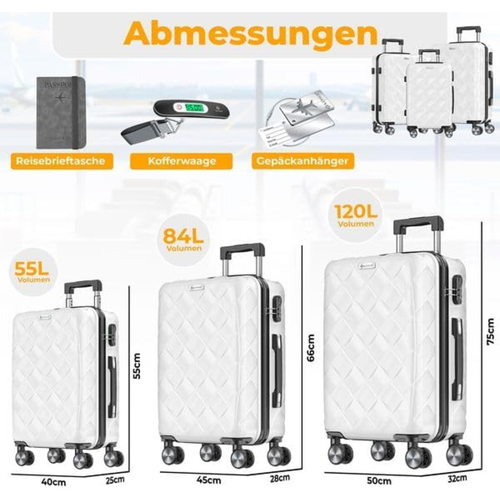 Набір валіз KESSER® 3 шт. | ABS валізи з кодовим замком, ваги для валіз та органайзер для документів | Ручна поклажа та великі валізи для подорожей та бізнесу (Snow White)