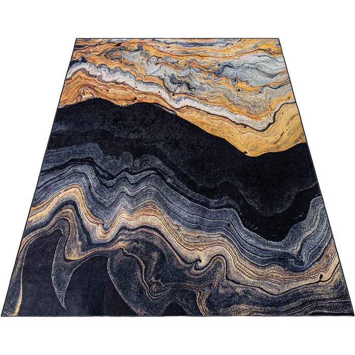 Сучасний Мазовецький килим-миється килим з коротким ворсом-М'який килим для вітальні, спальні , їдальні-килими з мармуровим абстрактним візерунком-чорний сірий золотий (80 х 150 см, чорне золото / 38670)