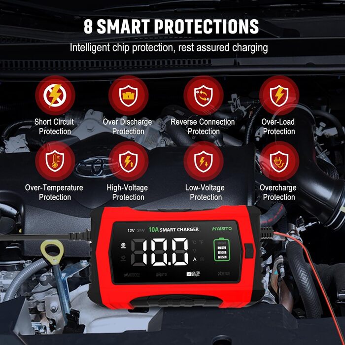 Зарядний пристрій для автомобільного акумулятора Haisito 12V/24V 10A, LiFePO4, LCD, температурна компенсація, струмкова зарядка