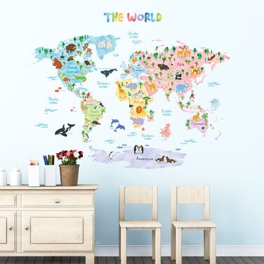 Карта світу Карта світу тварин Наклейки на стіну Наклейки на стіну настінні наклейки Декор стін для вітальні спальні дитяча кімната (дуже великий) (німецький вер.) (Дуже Большой1615), 1615de