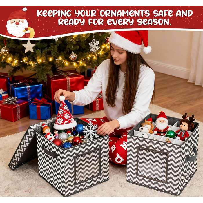 Коробка для зберігання прикрас на Новий рік, 166 відділень, з регульованими перегородками, кришкою та ручками, 31x31x30 см, червона, зі сніжинками, у білому кольорі (сіро-біла)