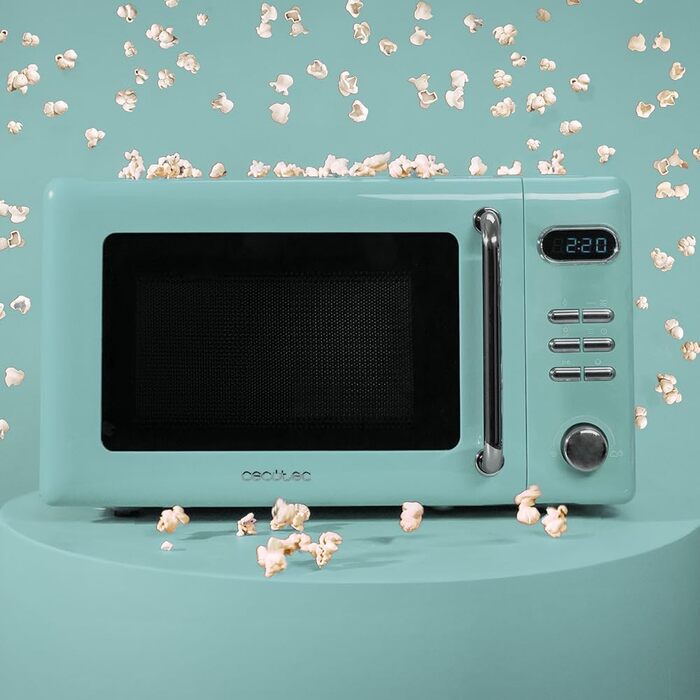 Мікрохвильова піч Cecotec Proclean 5110 Retro Blue з грилем, 20 л, 700 Вт, 5 режимів, 8 програм, таймер 60 хв, функція розморожування, сигнал завершення, ретро-дизайн, блакитна, з блокуванням від дітей