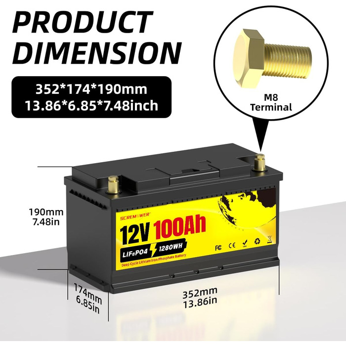 Акумулятор SCREMOWER 12V 100Ah LiFePO4 зі 100 А BMS, портами USB для сонячної батареї, човнів, автофургонів, кемпінгу