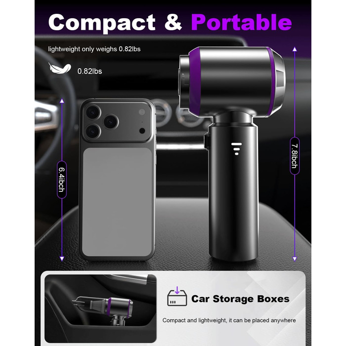 Акумуляторний ручний пилосос KITBEZN для авто та дому, безщітковий двигун, 26000Па, 3 режими потужності, бездротовий, фіолетовий