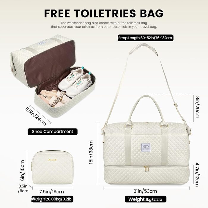 Спортивна сумка LOVEVOOK для жінок, велика дорожня сумка-мішок, дорожня сумка на вихідні, дорожня сумка з косметичкою, ручна сумка, сумка для взуття, клінічна сумка, сумка для пологового будинку, водонепроникна (L-2шт, Бежевий)