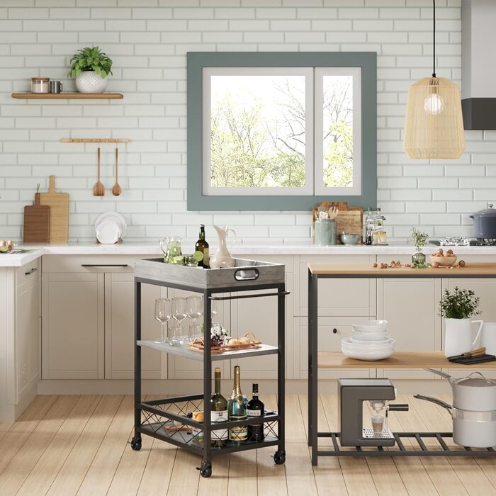Сервізний візок HAUSPROFI з 3 рівнями, на колесах, для кухні та бару, сірий, з полицями для вина, сталевий каркас, індустріальний дизайн
