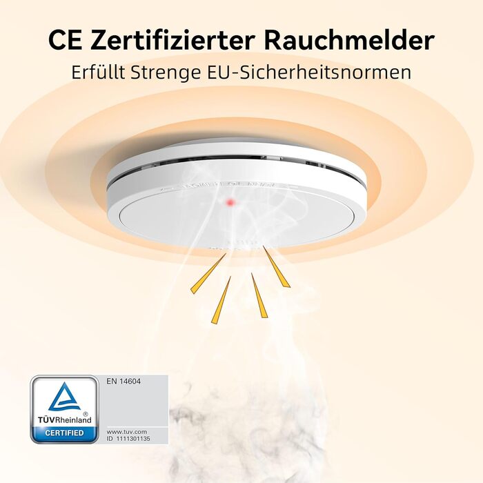 Датчик диму Rauchmelder з батареєю на 10 років, магнітне кріплення, EN14604, радіо, 85dB, без свердління, набір 6 шт.