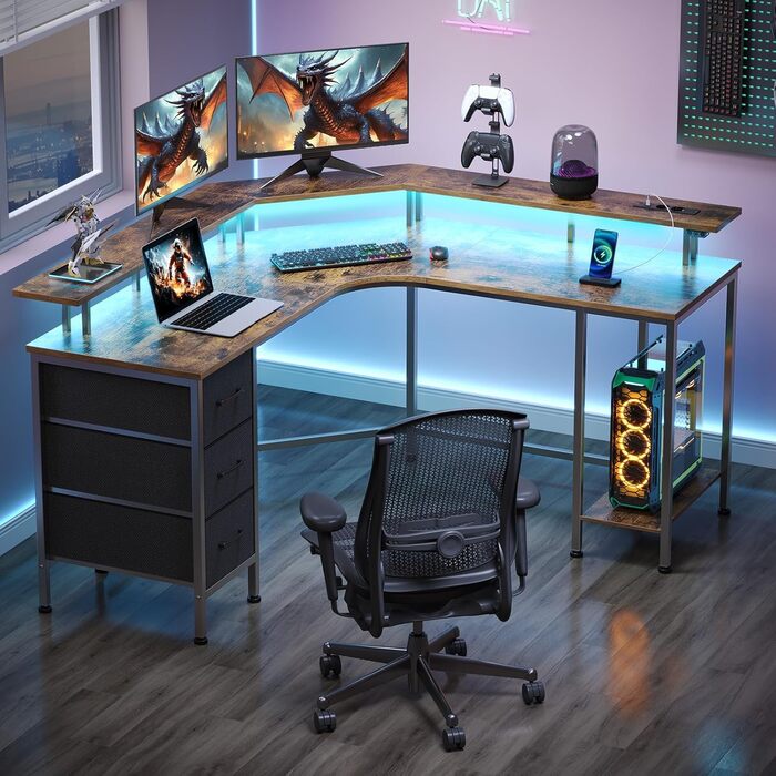 Ігровий кутовий стіл Seventable L-подібний з LED підсвіткою, розетками та 3 текстильними шухлядами, 135x135x88 см (Вінтажний коричневий)