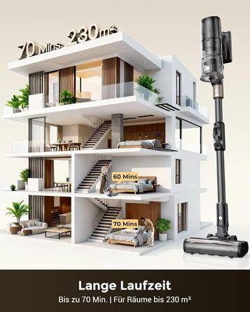 Proscenic P20: Акумуляторний пилосос 2-в-1 з функцією вологого прибирання, 70 кПа, 70 хв, 680 Вт, чорний. Для килимів та шерсті тварин