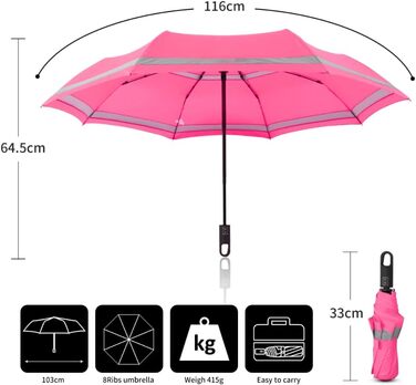 Швидка безпека для походів Трекінгова парасолька Відкрита-закрита автоматична штормонепроникна світловідбиваюча стрічка Pink