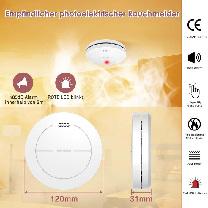 Набір датчиків диму Rauchmelder 6 шт. без LED, з батареєю на 10 років, клейкими панелями, функцією вимкнення звуку, 85 дБ, автономний, для дому