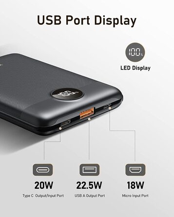 Для iPhone, Samsung, Xiaomi, Чорний, 22.5W Mini Power Bank 10000mAh USB C PD3.0 QC3.0