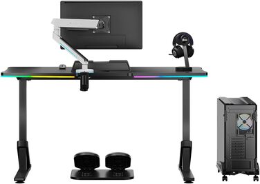 ULTRADESK - Стол для геймінгу Iron - Механічний регульований стіл з RGB підсвічуванням, чорний