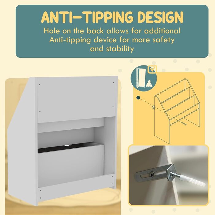 Полиця для дитячих книжок AIYAPLAY, 3-8 років, 3 ящики, з висувною шухлядою, MDF, 62,5x30x70 см, білий та сірий