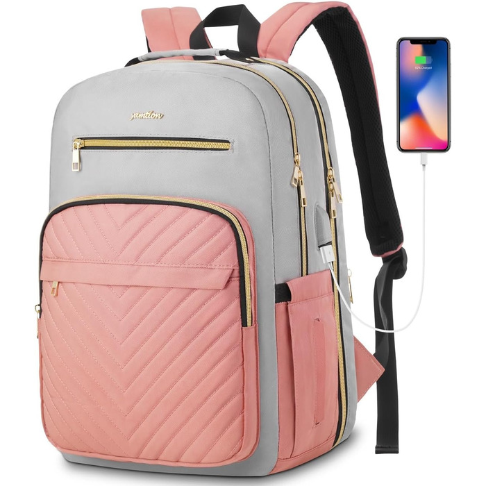 Рюкзак YAMTION Жіночий, шкільний рюкзак для дівчаток Підліткова шкільна сумка Жіночий рюкзак для ноутбука з USB-накопичувачем і відділенням для ноутбука для роботи, офісу, навчання, School City Uni (15,6 дюйма, рожево-сірий)