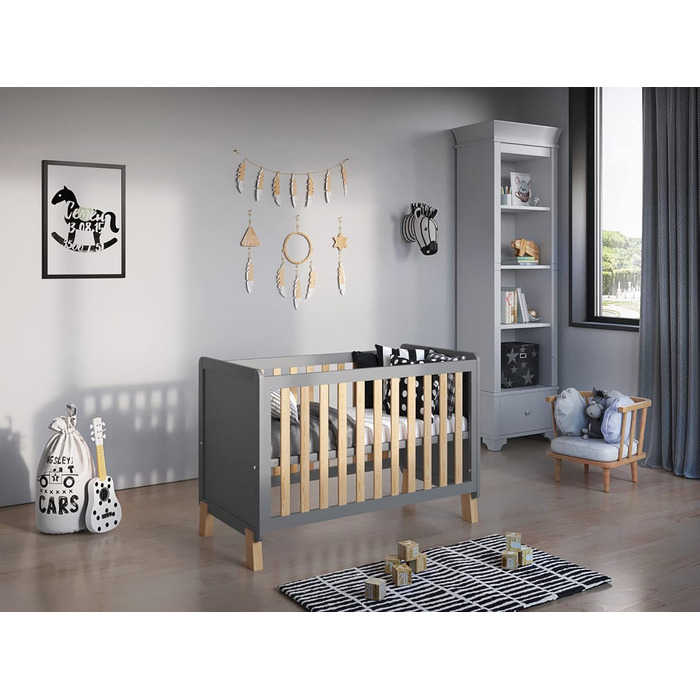 Дитяче ліжко-приліжкове Love For Sleep 120x60 з матрацом з піною Aloe Vera сірого кольору, дуб Francis. Ліжко для новонароджених, збірна конструкція, збірка за 5 хвилин.