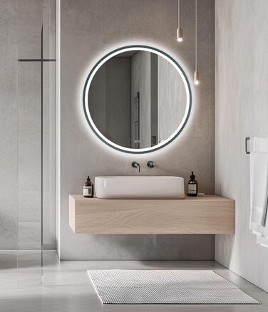 LED дзеркало для ванної кімнати Home Glow круглої форми 80 см – з підсвічуванням, проти запотівання, сенсорним вимикачем, металевим каркасом (графіт)