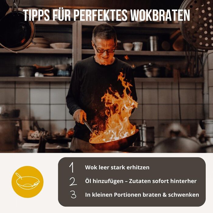 Азіатський вок Ø 33 см - міцний вуглецевий сталевий вок з плоским дном, дерев'яний ручка, підходить для газових, індукційних плит та керамічних поверхонь - не потребує обпалювання для приготування азіатських страв