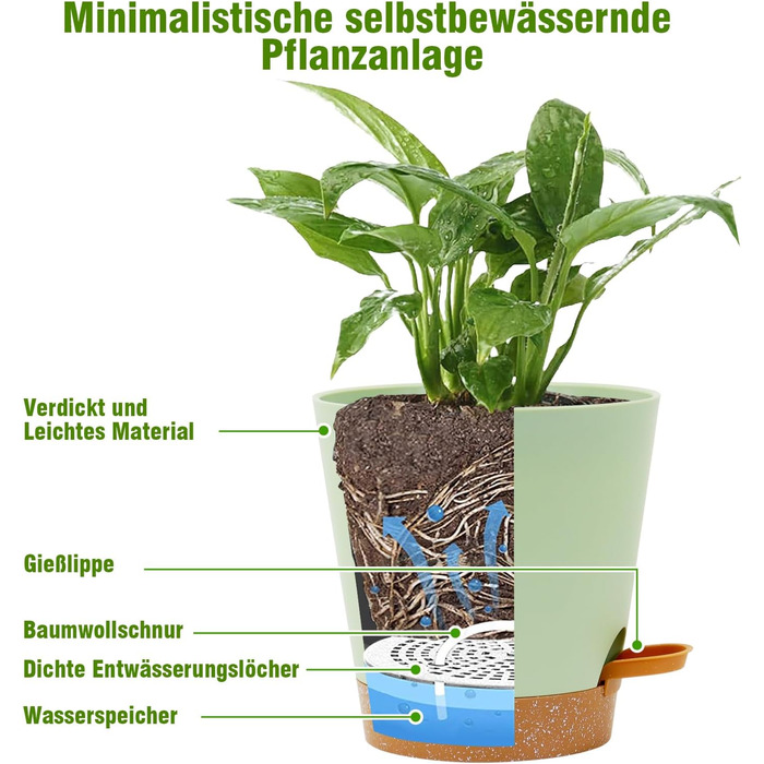 Набір горщиків для квітів з автополивом, 6 шт., чорний (зелений+коричневий), різні розміри, для дому та балкона