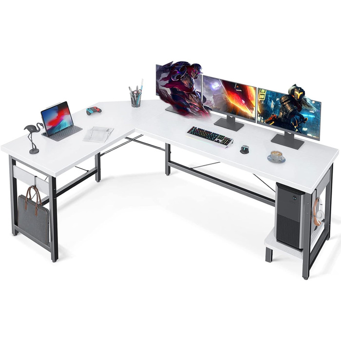 Ігровий стіл ODK, білий, надзвичайно велика корисна поверхня, L-подібна форма, підставка для процесора, 163120 см