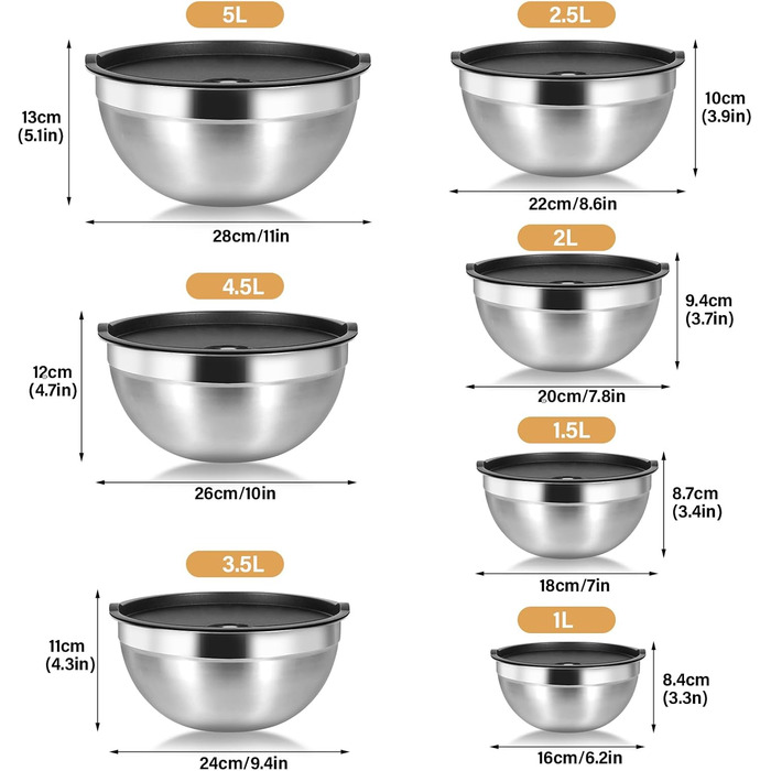Набір мисок Cinnani з нержавіючої сталі, 8 шт. з кришками: для салатів, приготування їжі, зберігання.