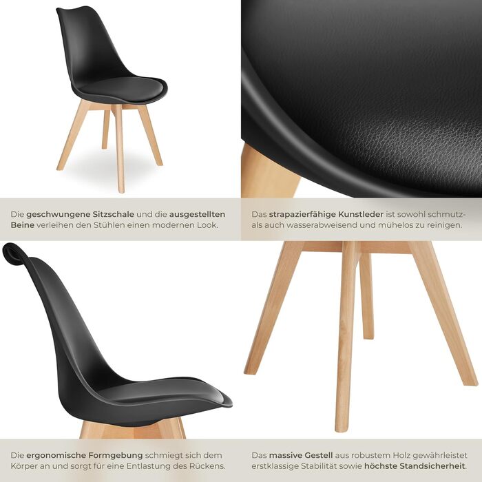 Тектейк® Комплект обідніх стільців Frederikke II (6 шт.), чорний, сучасний дизайн, для кухні, вітальні, офісу, скандинавський стиль