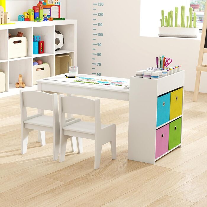 Дитячий столик та 2 стільці DREAMADE з полицями та контейнерами для зберігання, дерев'яний дитячий куточок для малювання та ігор в дитячу кімнату (Білий)